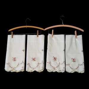 VTG Victorian 4 Piece JCPenney White W Pink Floral Embroidered Valance Curtains
